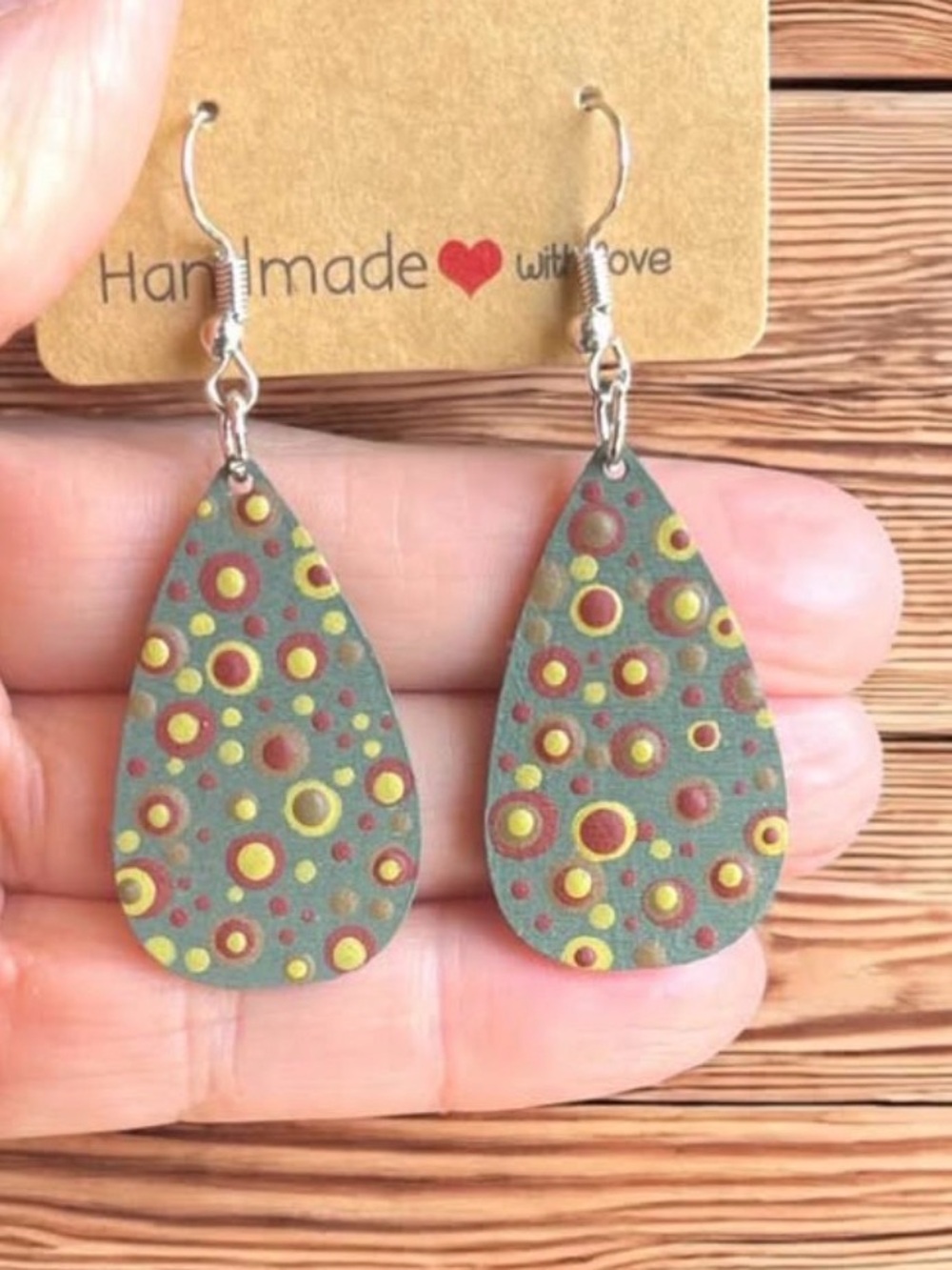 Hand Crafted! Dot-Painted Teardrop Earrings: Olive Green Boho Dangles
